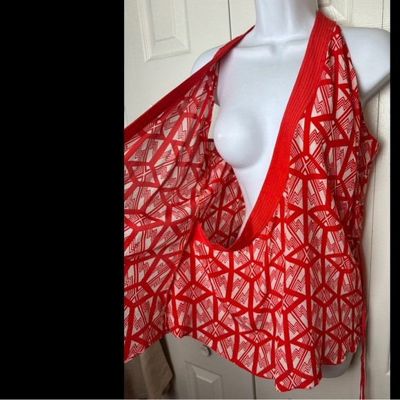 Anthro LEIFSDOTTIR Catalyst Wrap Top Blouse Shirt Silk Red Orange White Geo - Picture 6 of 12